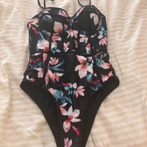 JLUXLABEL Black Floral One Piece Strapless/ Convertible Size S